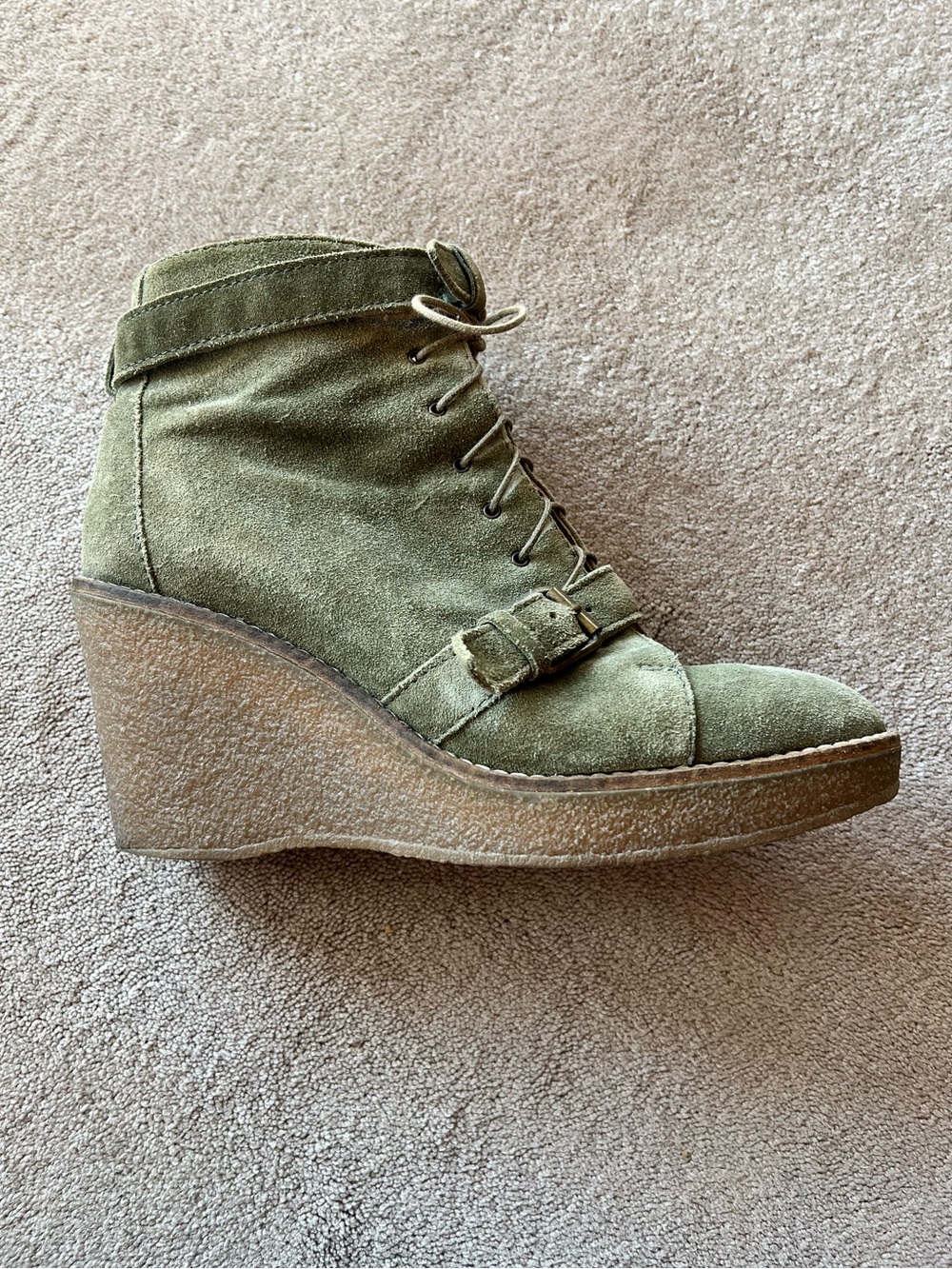 Madewell 1937 Footwear Suede Lace-Up Wedge Bootie in Olive Green - size 10